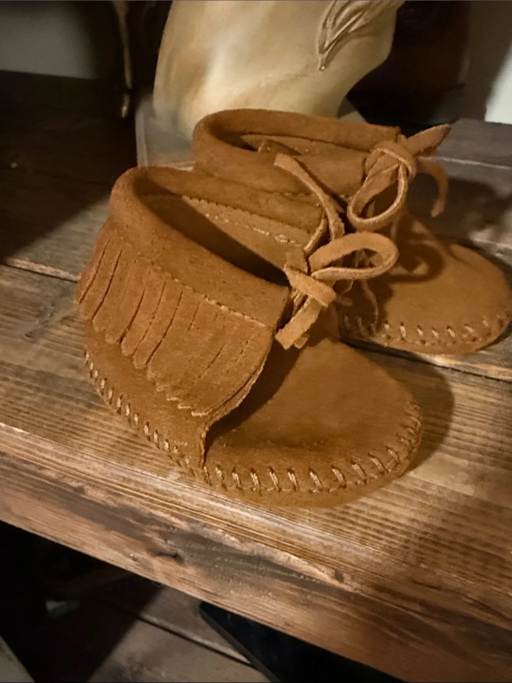 Minnetonka Kids Suede Moccasins in Chestnut Brown